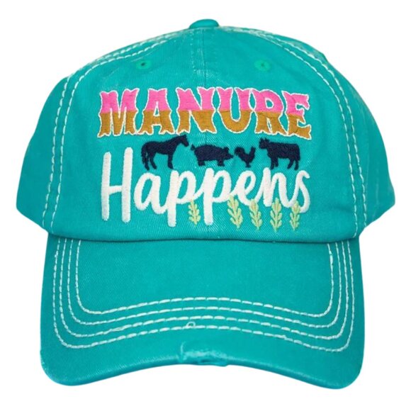 KBETHOS Turquoise "Manure Happens" Embroidered Distressed Ball Cap Hat NWT‎ - Picture 1 of 3